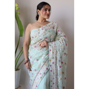 Vestidos elegantes de diseño Saree con bordado Zari y trabajo en piedra - Product Image 4