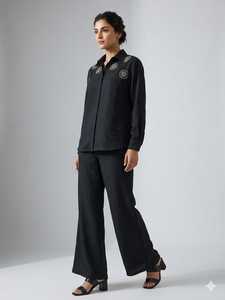 Conjunto de Camisa Negra Bordada y Pantalones Anchos para Mujer, Top de Manga Larga con Cuello y Diseño Floral, Elegante y Casual para Oficina - Product Image 6