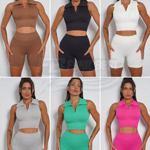 Nouvel Arrivage Ensemble Short 2 Pièces Femme Yoga Sexy Uni Dos Ouvert Taille Haute Sans Couture Écologique Respirant Été Fitness - Product Image 4