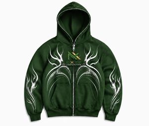 Custom Tribal Flame <b>Zip</b> <b>Up</b> <b>Hoodie</b> Men <b>Y2K</b> Chrome Wing Print Streetwear Jacket - Product Image 3