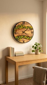 Wooden River <b>Wall</b> <b>Clock</b> with Moss Handmade Nature <b>Decor</b> Rustic Modern <b>Wall</b> Art Live Edge Wood & Moss <b>Clock</b> Forest River Design - Product Image 4