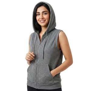 Gilet sans manches à capuche pour femme, gris, en coton et fibre de bambou, tricoté, décontracté, streetwear, vêtements d'automne - Product Image 3