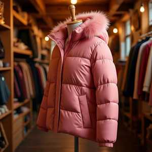 Veste matelassée rose avec capuche à bordure en fourrure, fermeture éclair sur toute la longueur des manches, coupe-vent d'hiver, rembourrage épais en polyester, manteau pour femme - Product Image 3