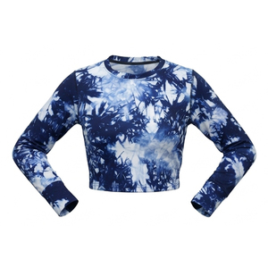 Women's <b>Black</b> White Tie Dye <b>Long</b> Sleeve Crop <b>Top</b> O-Neck Knitted High Stretch Spandex/Nylon Activewear Casual Autumn Wear - Product Image 5