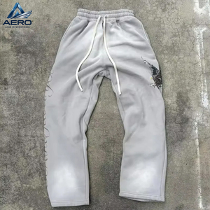 Ensemble de survêtement homme gris clair délavé à l'acide, avec sweat à capuche imprimé graphique vintage oiseau et pantalon de survêtement large à manches flamboyantes, 2 pièces - Product Image 3