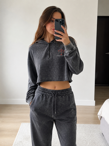 Women's Acid Wash Cropped Hoodie with Quarter Zip Long Sleeves Raw Hem and Relaxed Streetwear Fit - Product Image 6