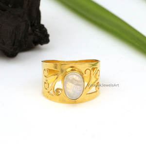 มูนสโตนสายรุ้งสีขาวธรรมชาติ925เงินสเตอร์ลิง6x8มม. รูปไข่นิรันดร์อัญมณีโบฮีเมียนชุบทอง - Product Image 3