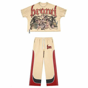 Conjunto de Dos Piezas, Camiseta Corta Estampada de Punto Sólido con Tachuelas y Pantalones Anchos de Estilo Urbano, Transpirables, de Verano, Unisex - Product Image 3