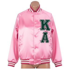 Chaqueta Universitaria Unisex Personalizada de Satén, Chaqueta Bomber con Botones y Logotipo Bordado para Invierno, También Conocida como Ropa de Vida Universitaria Griega Rosa - Product Image 1