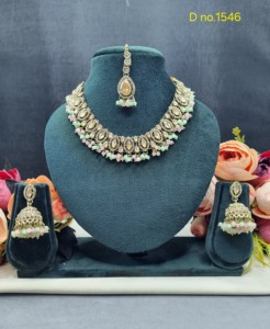 Marquise Cut Stone Studded Antique <b>Gold</b> Plated Necklace <b>Set</b> With Jhumka Earrings And Mang Tika Fashion Jewelry <b>Sets</b> Manufacturer - Product Image 6