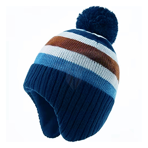Gorros de punto a rayas con forro de satén, unisex, gruesos, holgados, con pompón de piel sintética, de invierno, acanalados, para playa y viajes, dibujados a mano - Product Image 1