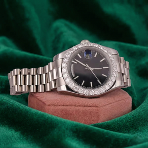 Montre en or rose sertie de diamants, cadran noir, bracelet en acier inoxydable de luxe - Product Image 2