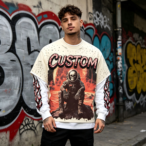T-shirt Y2K personnalisé de qualité supérieure, motif crâne d'astronaute surdimensionné, manches doubles, strass, streetwear, fournisseur de marque privée SHH - Product Image 5