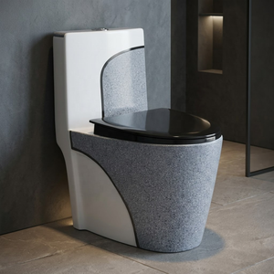 Inodoro de Diseño de Una Pieza, Alargado, con Acabado Gris Moteado y Asiento Negro, Montaje en el Suelo, Descarga Sifónica - Product Image 3