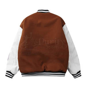 Men's Brown White Varsity Jacket Regular Fit <b>Covered</b> <b>Button</b> Closure Stand Collar Winter Eco-friendly Streetwear Casual Style - Product Image 1