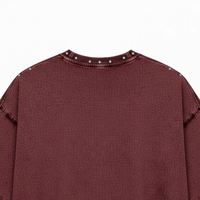 T-shirt surdimensionné à manches longues pour homme, 100 % coton tricoté, délavé à l'acide, effet vieilli, brodé de strass, double couche, grammage lourd