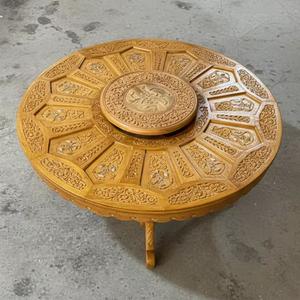 Mesa de Comedor de Madera Maciza Tallada a Mano de Lujo, Estilo Rústico, con Lazy Susan, Grabado Floral Premium, Mesa de Cocina Circular para 4 Personas - Product Image 1