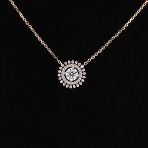 <b>Solid</b> Yellow <b>Gold</b> Round Cut Diamond Sunburst Necklace <b>Pendant</b> Simple Double Halo Setting Starburst Floral Medallion Fine <b>Pendant</b> - Product Image 1