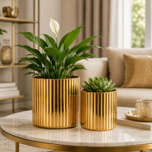 Macetas Decorativas Acanaladas para Plantas de Interior, Juego de Macetas de Metal Dorado, Decoración para el Hogar y la Oficina - Product Image 2