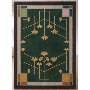 Alfombra de Lana Inspirada en el Arte y la Artesanía, con Borde Floral Hecho a Mano, Alfombra Verde Oscuro Estilo Misionero para Sala de Estar, Dormitorio, Decoración Vintage - Product Image 2