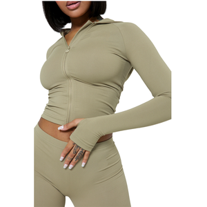 Ensemble crop top zippé à capuche vert olive pour femme, taille haute, manches longues, couleur unie, gaine amincissante ventre plat, tenue de yoga et de sport - Product Image 5