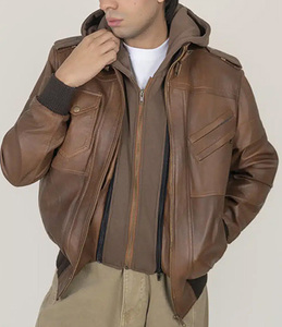 Chaqueta de Cuero con Capucha para Hombre, Color Marrón, con Cierre de Cremallera y Forro de Algodón, Estilo Motero de Invierno - Product Image 5