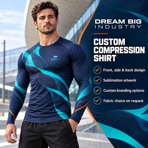 Custom Mens Navy Cyan Graphic <b>Long</b> <b>Sleeve</b> <b>Compression</b> <b>Shirt</b> Crewneck Slim Gym Training Rash Guard Athletic Sportswear Base Layer - Product Image 5