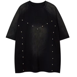 Vintage Men's Acid Wash Jersey T-Shirt 100% Cotton Quick Dry Anti-shrink Short Sleeve Puff Printing Front <b>Rhinestones</b> - Product Image 1