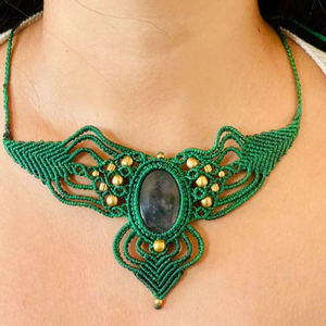 Handmade Labradorite Macrame <b>Statement</b> <b>Necklace</b> Green Intricate Wing Design Natural Gemstone Boho Healing Crystal Jewelry - Product Image 1