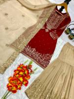 Completo Abito Designer in Georgette con Ricamo a Specchio e Paillettes, Top, Sharara e Dupatta, Colore Bordeaux, Moderno, Alta Qualità, Casual, per Esterni