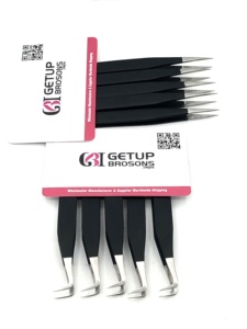 Nouvelles pinces à extensions de cils GETUP en acier inoxydable de qualité supérieure, revêtement poudré noir mat à 90 degrés, pointe argentée, pointe dentelée - Product Image 6