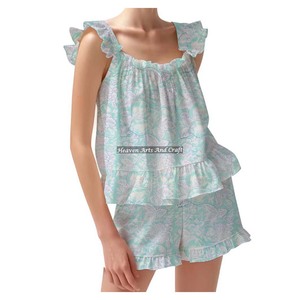 Indian Hand Block Print Night Suit Custom Wholesale Spring/Summer Floral Fitted Strappy Ruffle <b>Trim</b> Sleeves PJ Set - Product Image 2