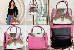 New Arrival 2026 Pink Cowhide Leather Tote <b>Bag</b> for Women Western Handbag Braided Handle Shoulder Purse <b>Studded</b> Fashion Tote <b>Bags</b> - Product Image 3