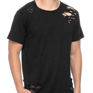 T-shirts respirants pour hommes, effet vieilli, coton délavé, look délavé, détails déchirés, tissu doux, streetwear décontracté et en solde - Product Image 1
