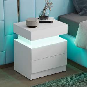 Mesita de Noche Moderna con Luz LED Blanca, 2 Cajones, Tapa Abatible, Almacenamiento, Mueble de Dormitorio, Elegante Mesita de Noche - Product Image 1