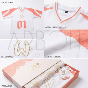 เสื้อฟุตบอลอเมริกันแบบสั่งทำพิเศษ ไซส์พลัส ดีไซน์ทันสมัย สวมใส่สบาย สีพีชและสีขาว พร้อมลายพิมพ์แบบรีดร้อน รุ่นใหม่ล่าสุด - Product Image 5