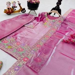 Conjunto Kurti Palazzo Bordado para Mujer VASTRA COTTAGE con Dupatta, Adorno de Lentejuelas, Cuello Redondo, Traje Festivo para Fiestas - Product Image 3