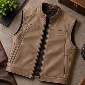 Chaleco sin mangas de cuero genuino para hombre Saleh, cuello alto, cremallera frontal, color sólido, informal, para invierno, estilo urbano, relleno de algodón - Product Image 5