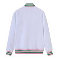 Blouson universitaire unisexe en polaire blanc avec broderie chenille rose et verte, style grec, en coton premium, fermeture éclair