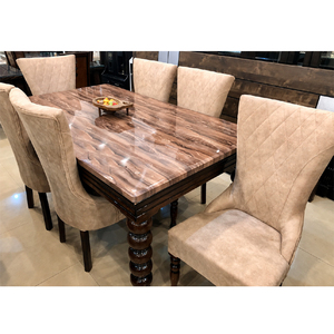 Ensemble de salle à manger élégant en teck finition brillante, table de salle à manger de luxe avec plateau en marbre, ensemble moderne de table et chaises de salle à manger avec plateau en marbre, USA - Product Image 1