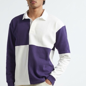 Camiseta Polo de Punto de Manga Larga para Hombre, Estilo Casual, con Bloques de Color Blanco y Morado, Precio de Fábrica - Product Image 4