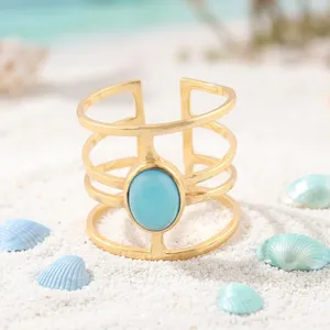 Anillo de Oro de 18k Chapado en Oro, Elegante, Ancho, con Turquesa, Ajustable, Minimalista, con Diseño de Jaula, Moderno, Joyería de Moda para Mujer - Product Image 5