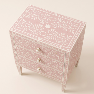 1. Table de chevet de luxe rose clair avec incrustations en os, 3 tiroirs, motif floral, faite à la main, en bois, pour chambre à coucher - Product Image 3