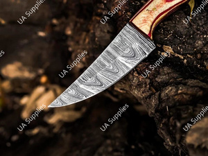 มีดแค้มปิ้งเหล็กดามัสกัส ฟูลแทงค์ ตีขึ้นรูปด้วยมือ ปลายหยดน้ำ ใบมีดคงที่ ด้ามไม้ปักก้า รับผลิตแบบ OEM/ODM ขายส่ง ราคาดีที่สุด - Product Image 6