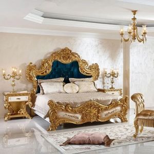 Offre Spéciale : Ensemble de Chambre Luxe Mandarin Oriental Royal Or Sculpté, Cadre de Lit Rembourré Bleu Marine, Style Palais Classique Européen - Product Image 1