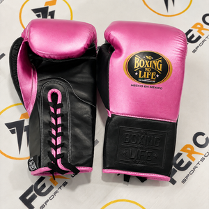 Guantes de Boxeo Hechos a Medida, Disponibles en Todos los Colores y Tamaños, Sin Boxeo No Hay Vida, Color Rosa y Negro, con Cordones, de Cuero Vacuno Auténtico - Product Image 1