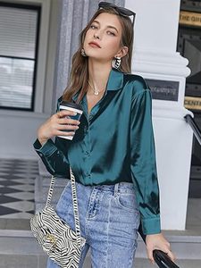 Camisa de Satén para Mujer, con Botones, Manga Larga, Cuello Camisero, Corte Holgado, Color Sólido, Blusa Casual, Manga Larga, Largo Regular - Product Image 4