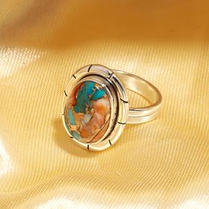 Elegant <b>925</b> Sterling <b>Silver</b> Fine Wedding Band <b>with</b> Natural Pink Spiny Oyster Copper Turquoise Filigree Oval Gemstone <b>Ring</b> - Product Image 2