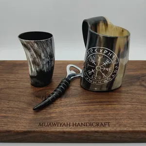 Mug et verre à shot de style viking en corne de bœuf avec ouvre-bouteille, ensemble de 3 pièces, vaisselle de camping portable, poignée en corne vintage, design luxueux - Product Image 3