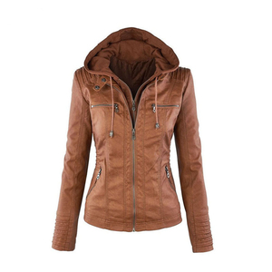 2026 Wholesale Premium Women's Brown PU <b>Leather</b> Hooded Moto <b>Jacket</b> Full Sleeve Zipper Closure Windproof Autumn Wear - Product Image 1